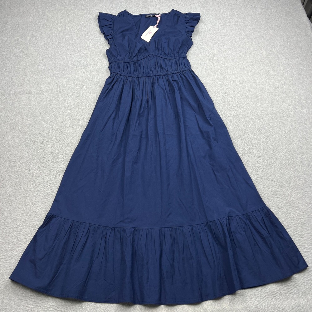 NEW Vineyard Vines Poplin Flutter-Sleeve Midi Dress Womens XS Blue Marina Tiered
